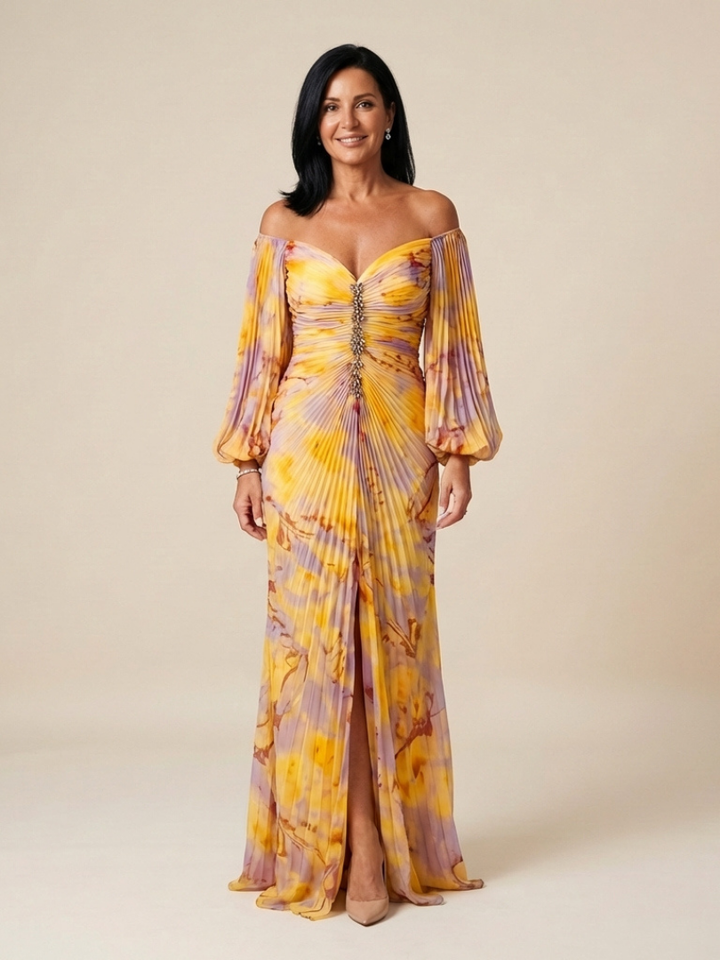 Eulalie | Off Shoulder Pleated Long Sleeve Maxi Dress