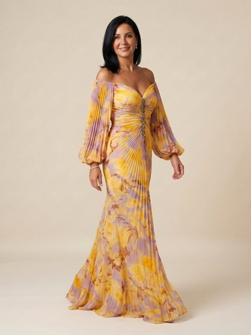 Eulalie | Off Shoulder Pleated Long Sleeve Maxi Dress