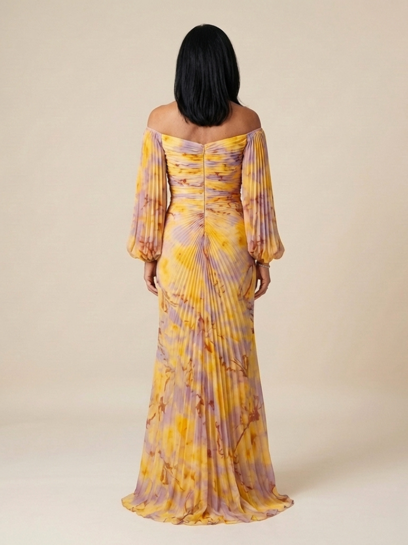 Eulalie | Off Shoulder Pleated Long Sleeve Maxi Dress