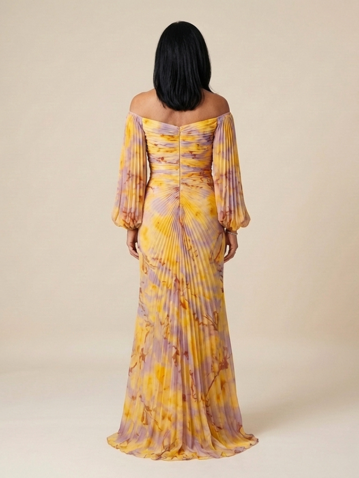 Eulalie | Off Shoulder Pleated Long Sleeve Maxi Dress