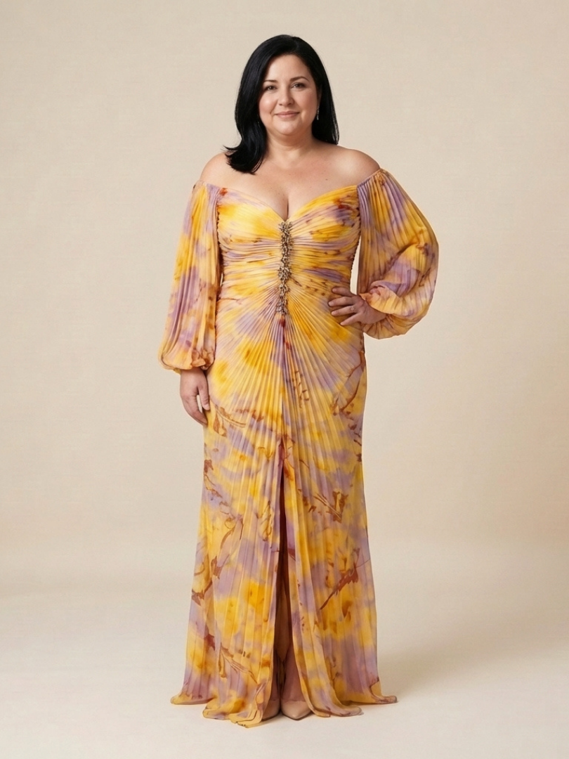 Eulalie | Off Shoulder Pleated Long Sleeve Maxi Dress