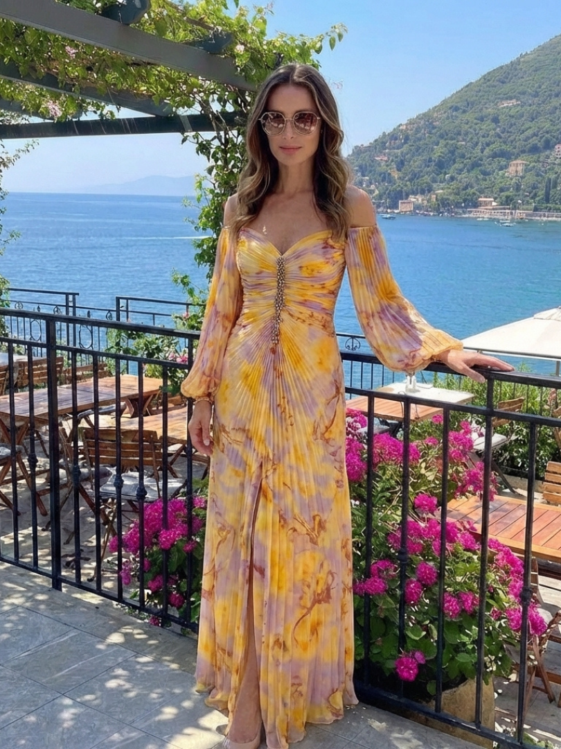 Eulalie | Off Shoulder Pleated Long Sleeve Maxi Dress
