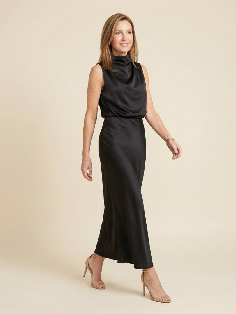 Olivienne | Sleeveless Draped High Neck Midi Dress