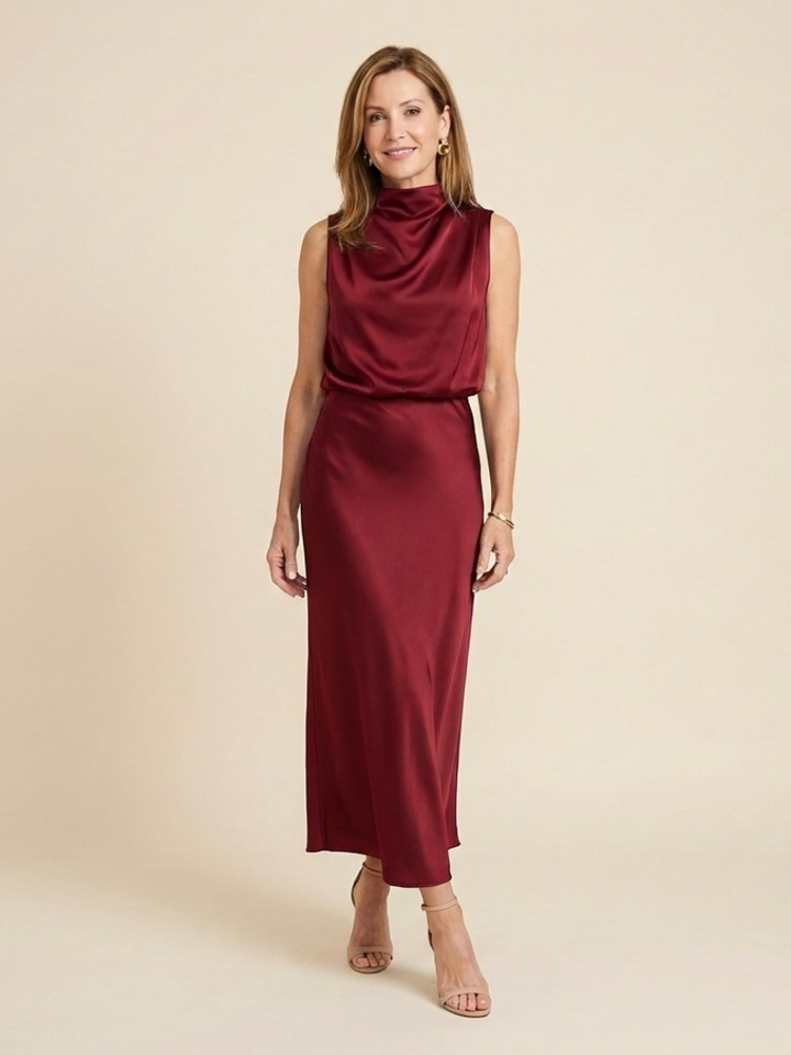 Olivienne | Sleeveless Draped High Neck Midi Dress