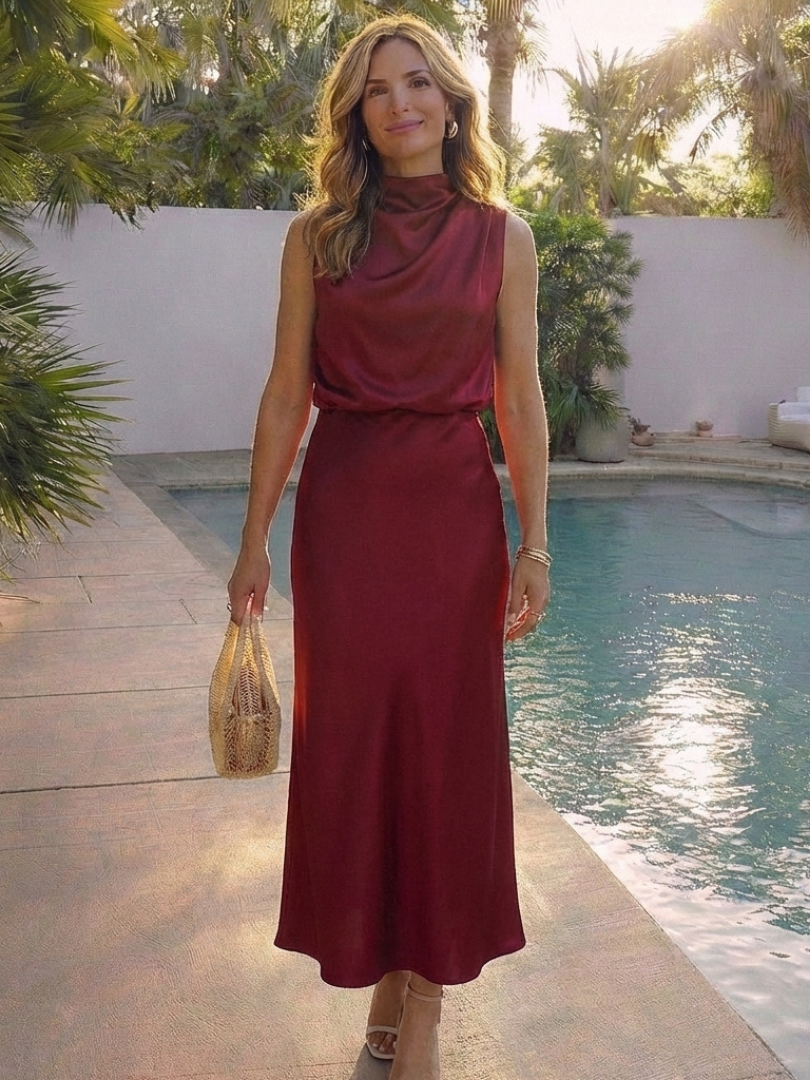 Olivienne | Sleeveless Draped High Neck Midi Dress