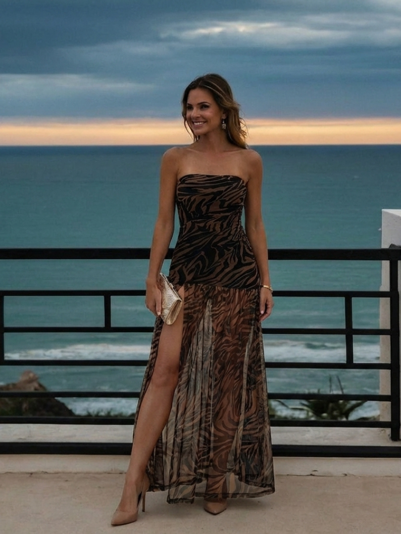 Zahara | Strapless Ruched Sheer Overlay Maxi Dress
