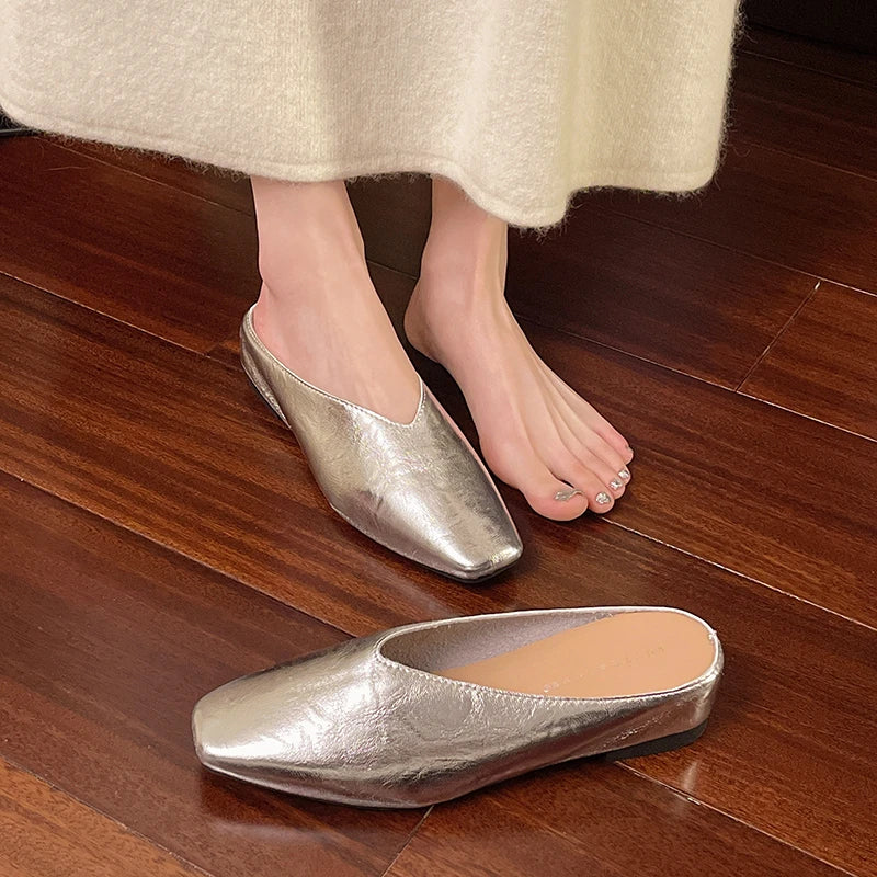 Lyra | Metallic Square-Toe Slip-On Mules