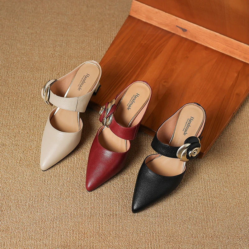 Garnet | Pointed-Toe Floral Accent Heel Mules