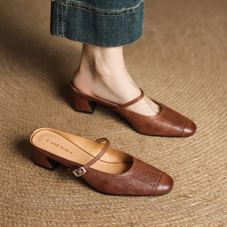 Berla | Embossed Mary Jane Heel Mules