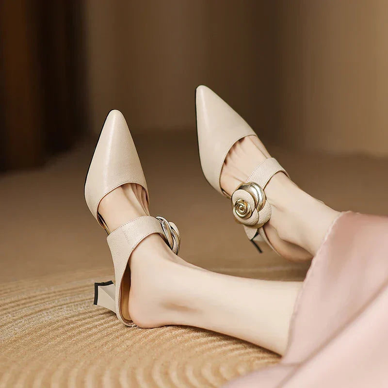 Garnet | Pointed-Toe Floral Accent Heel Mules