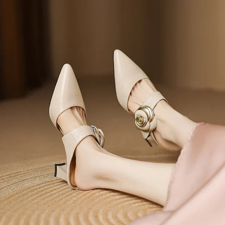Garnet | Pointed-Toe Floral Accent Heel Mules