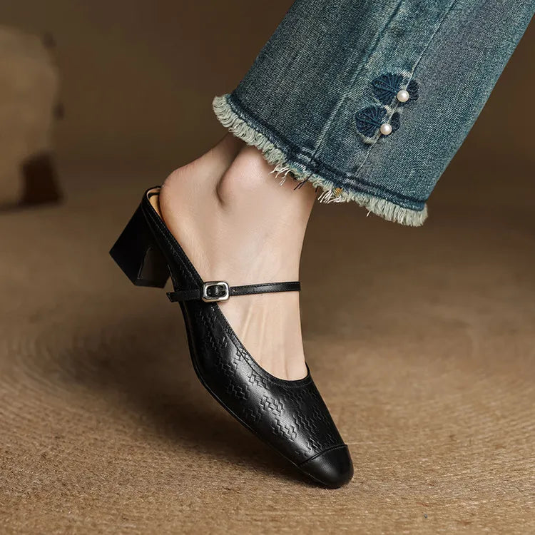 Berla | Embossed Mary Jane Heel Mules