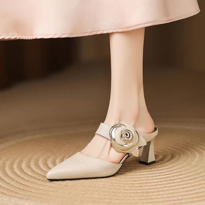 Garnet | Pointed-Toe Floral Accent Heel Mules