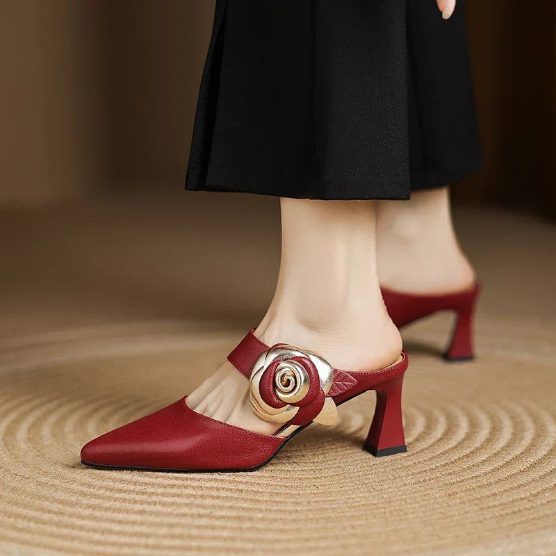 Garnet | Pointed-Toe Floral Accent Heel Mules