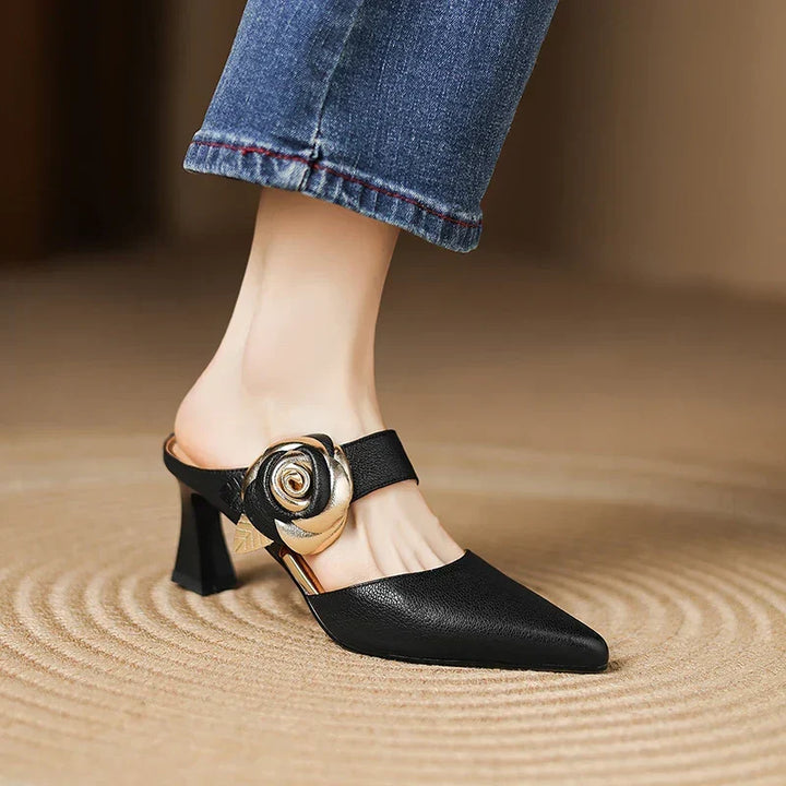 Garnet | Pointed-Toe Floral Accent Heel Mules