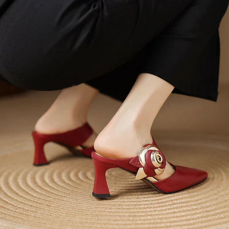 Garnet | Pointed-Toe Floral Accent Heel Mules