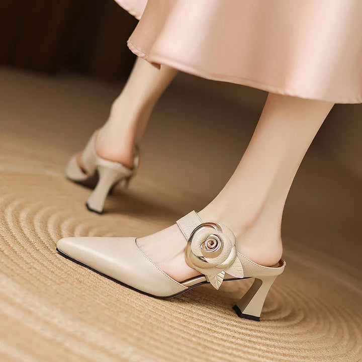 Garnet | Pointed-Toe Floral Accent Heel Mules