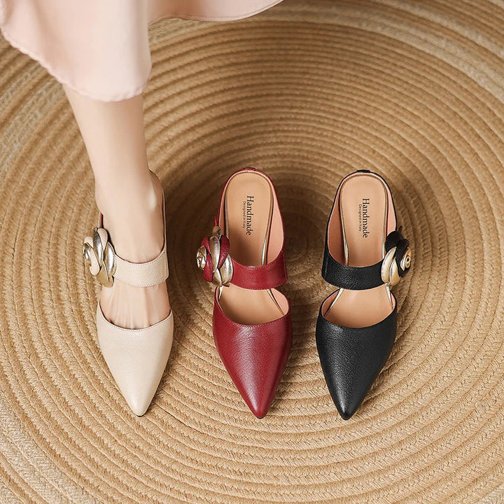 Garnet | Pointed-Toe Floral Accent Heel Mules