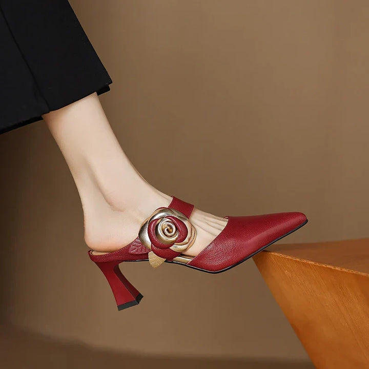 Garnet | Pointed-Toe Floral Accent Heel Mules