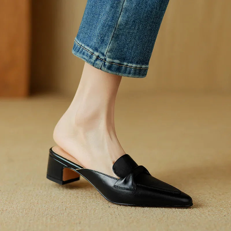 Alaya | Pointed-Toe Bow Accent Heel Mules