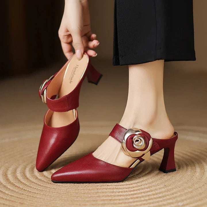 Garnet | Pointed-Toe Floral Accent Heel Mules