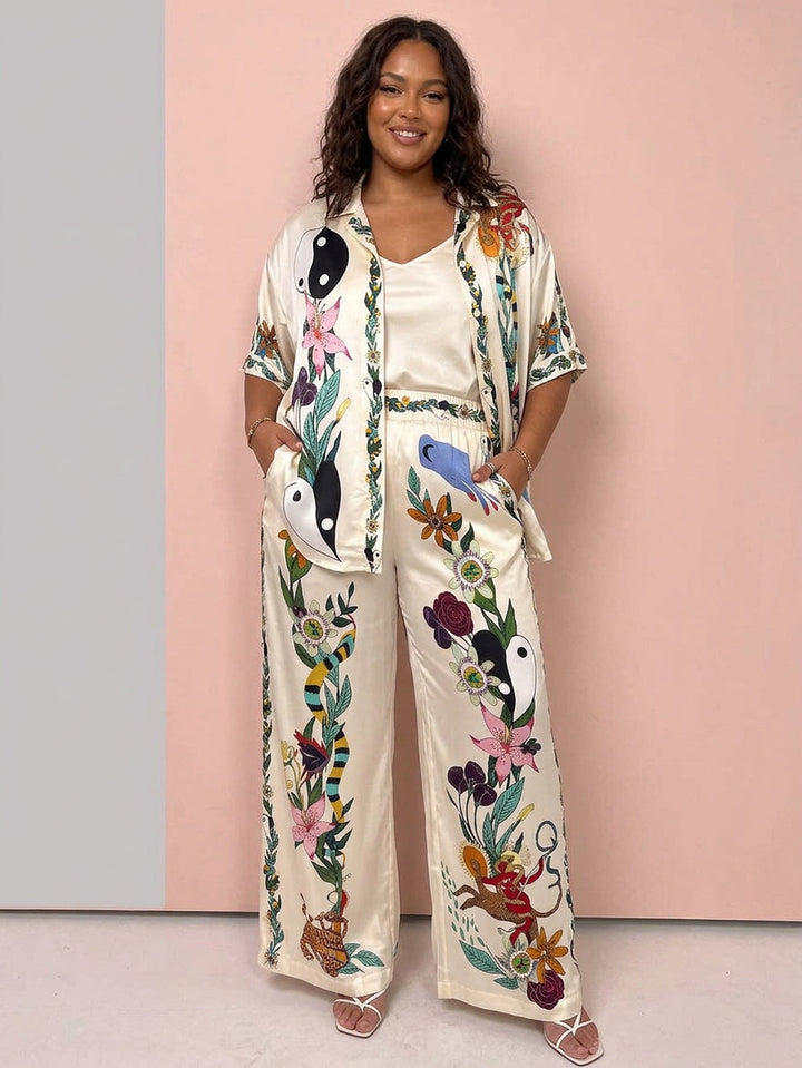 Nika | Resort Vibes Satin unique print shirt & trousers set Fit