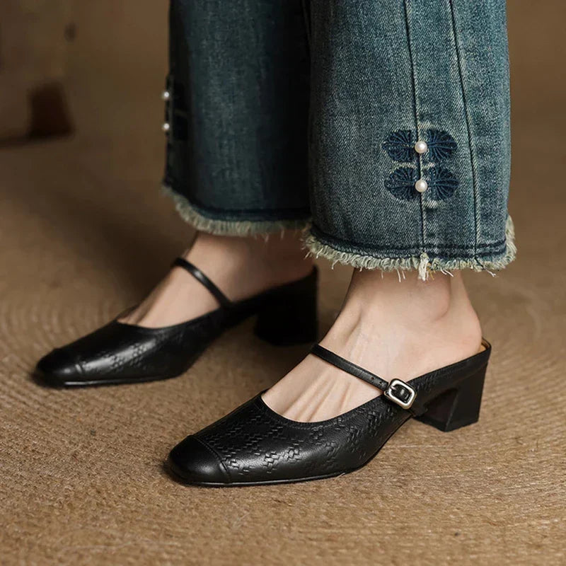 Berla | Embossed Mary Jane Heel Mules