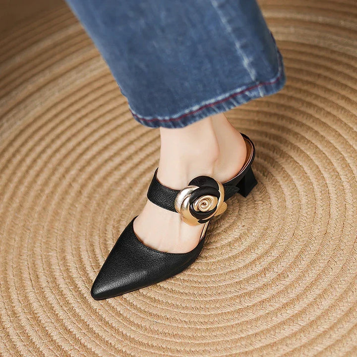 Garnet | Pointed-Toe Floral Accent Heel Mules