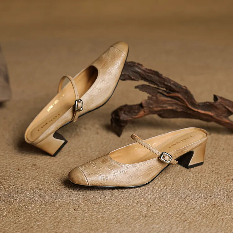 Berla | Embossed Mary Jane Heel Mules