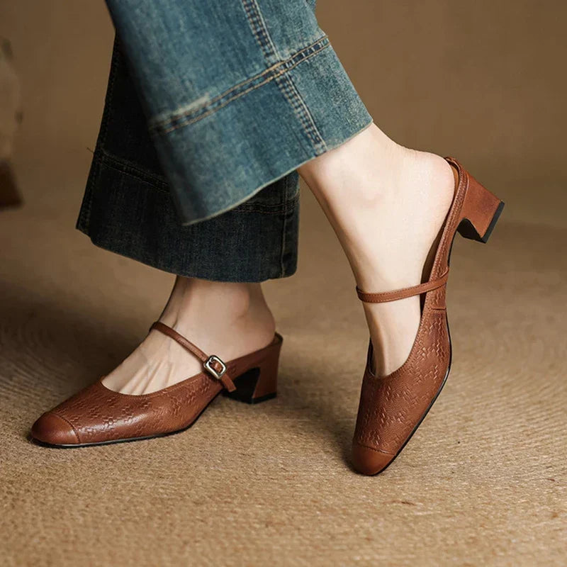 Berla | Embossed Mary Jane Heel Mules