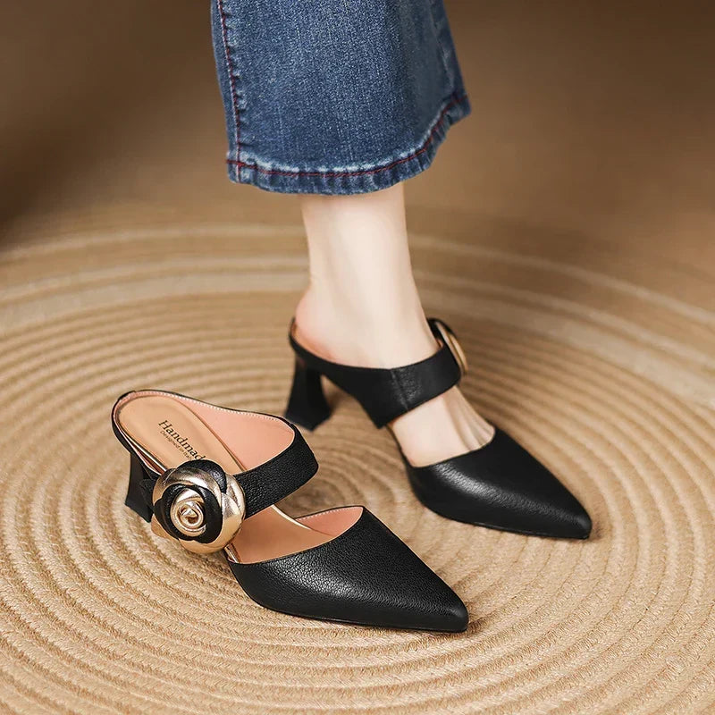Garnet | Pointed-Toe Floral Accent Heel Mules