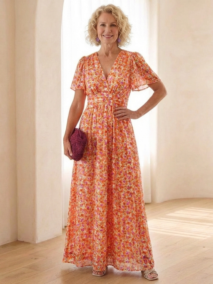 Maris | Floral V Neck Short Sleeve Maxi Dress