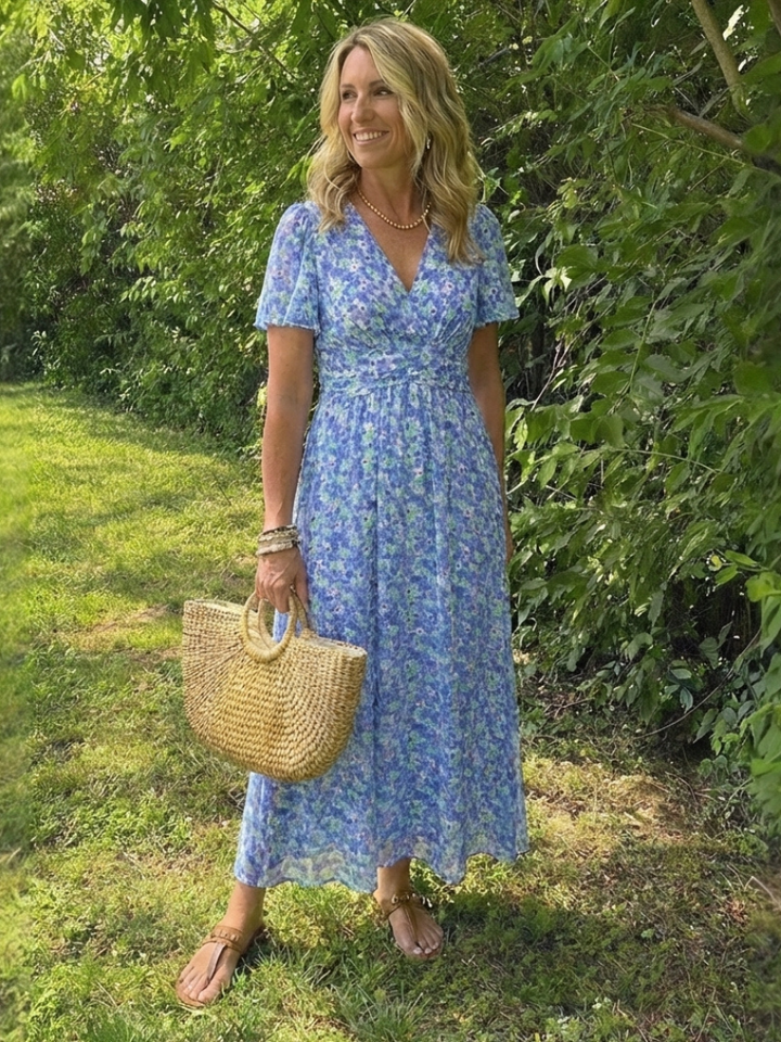 Maris | Floral V Neck Short Sleeve Maxi Dress