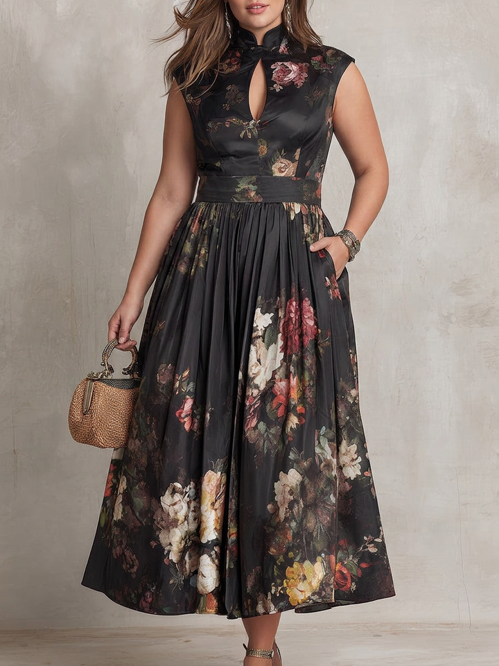 Patricia | Black Floral Satin Pleated Midi Dress