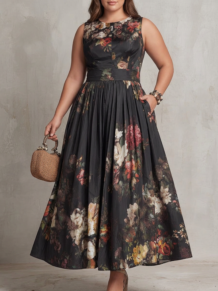 Patricia | Black Floral Satin Pleated Midi Dress