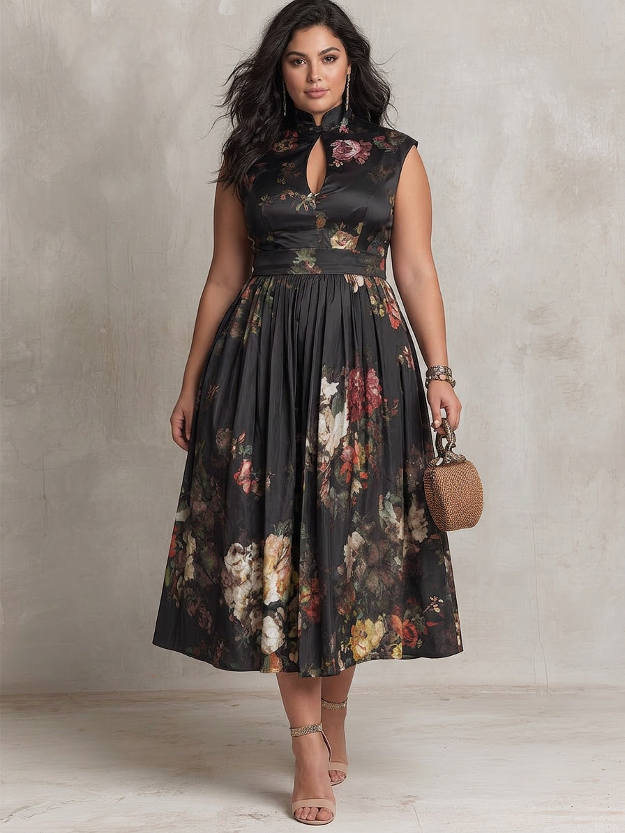 Patricia | Black Floral Satin Pleated Midi Dress