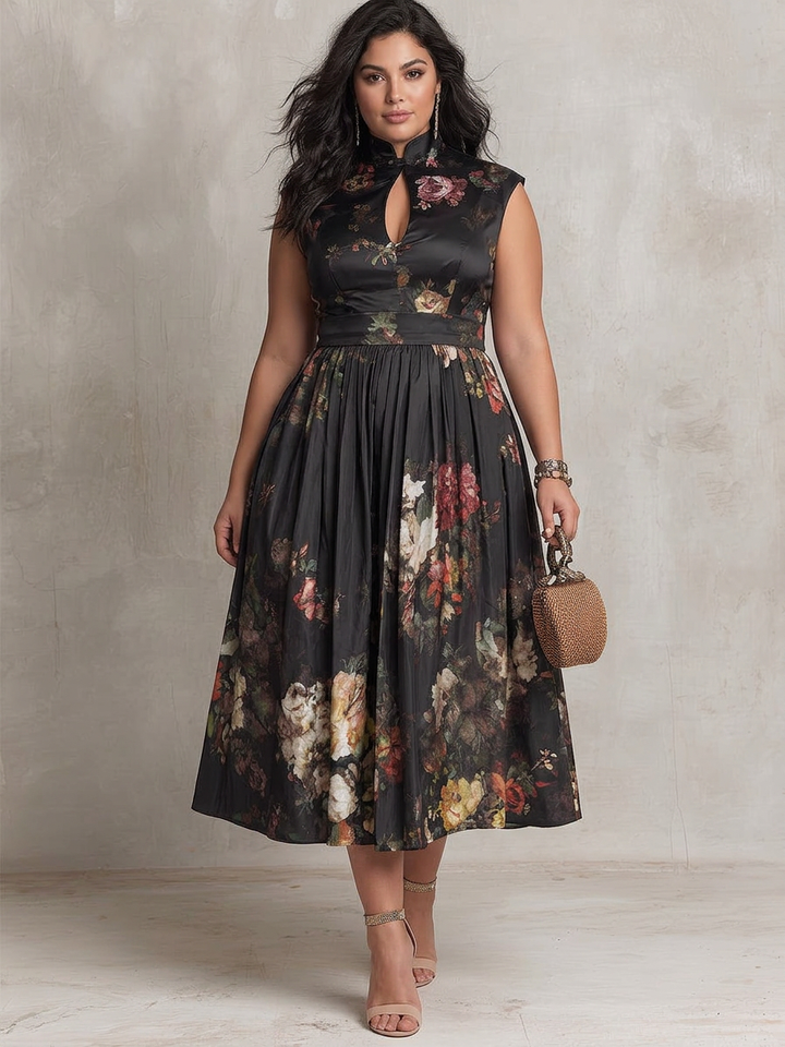 Patricia | Black Floral Satin Pleated Midi Dress