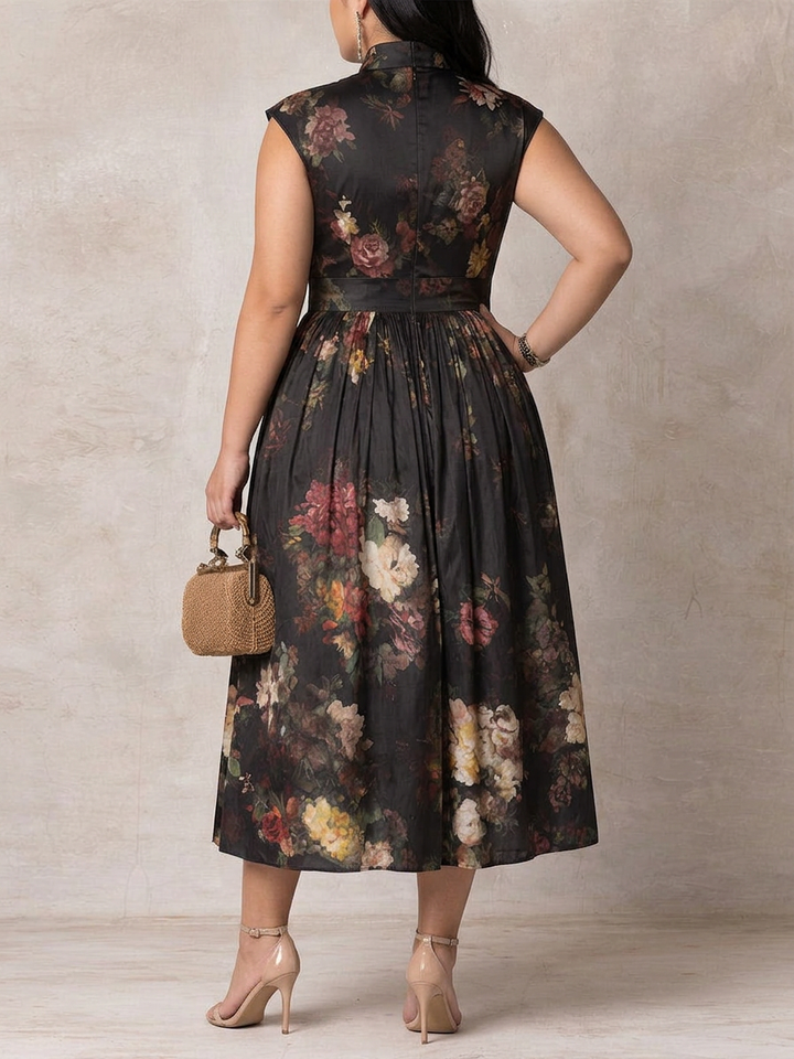 Patricia | Black Floral Satin Pleated Midi Dress
