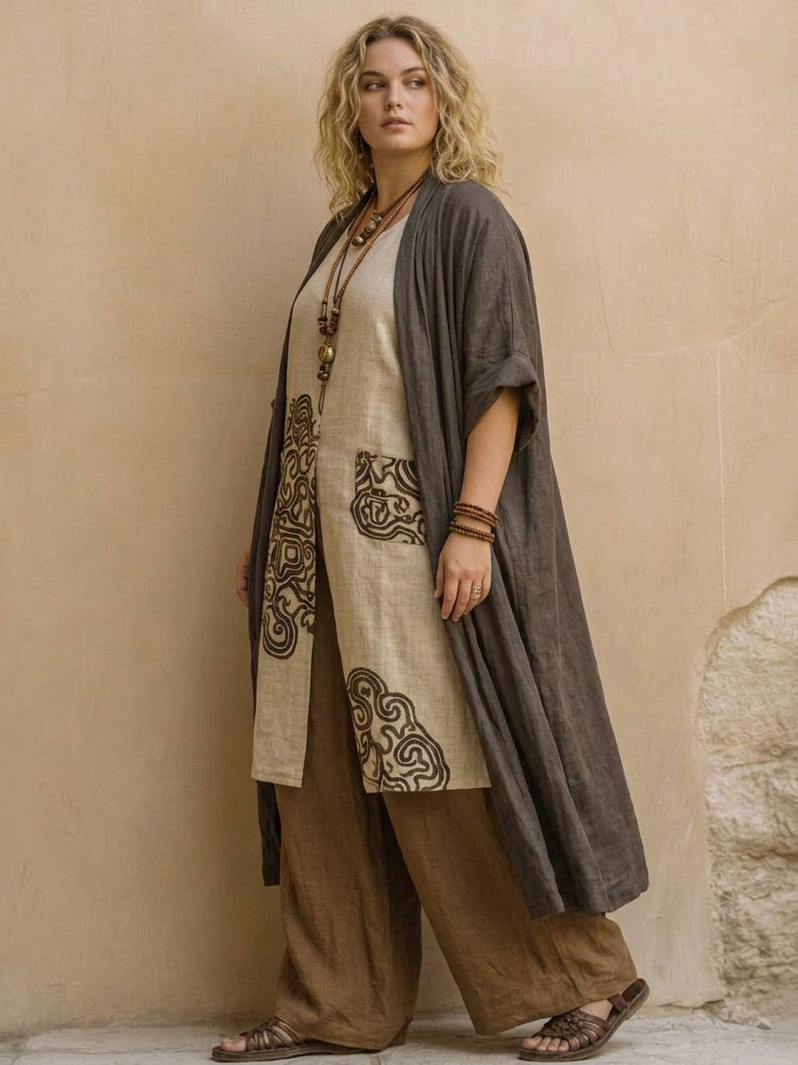 Sophie | Dark Gray & Brown Tribal Print Three-Piece Set