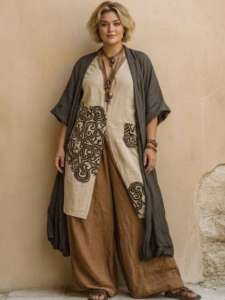 Sophie | Dark Gray & Brown Tribal Print Three-Piece Set