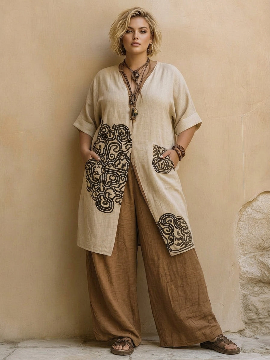 Sophie | Dark Gray & Brown Tribal Print Three-Piece Set