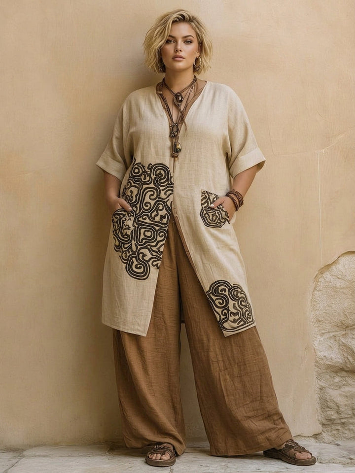 Sophie | Dark Gray & Brown Tribal Print Three-Piece Set