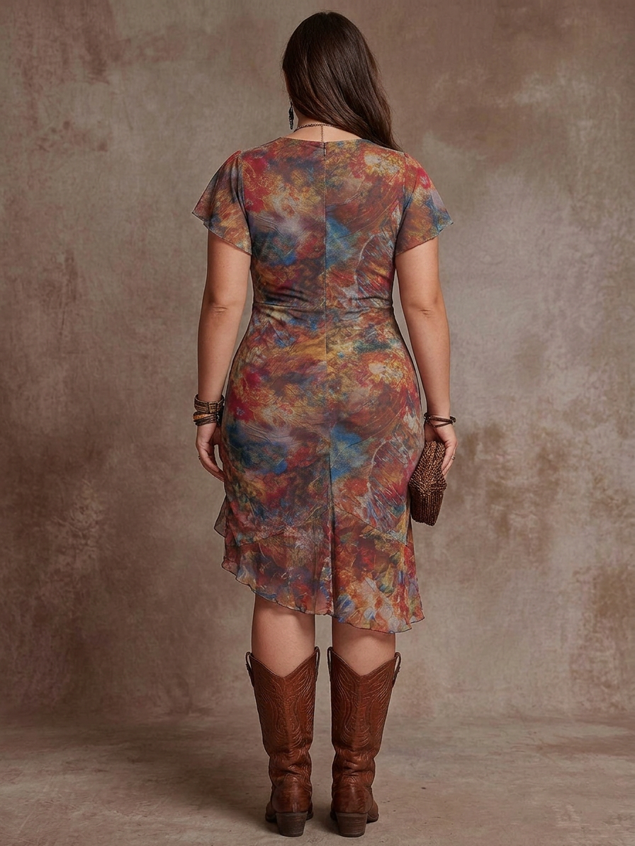 Judy | Bohemian Abstract V-Neck Pleated Midi Dress