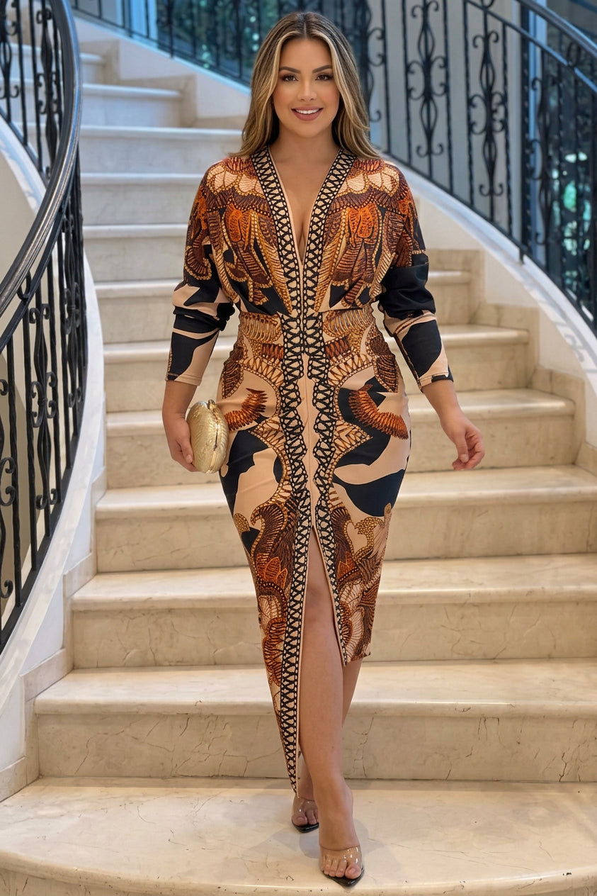 Eva | Sun Escape Unique Print Dolman Midi Dress