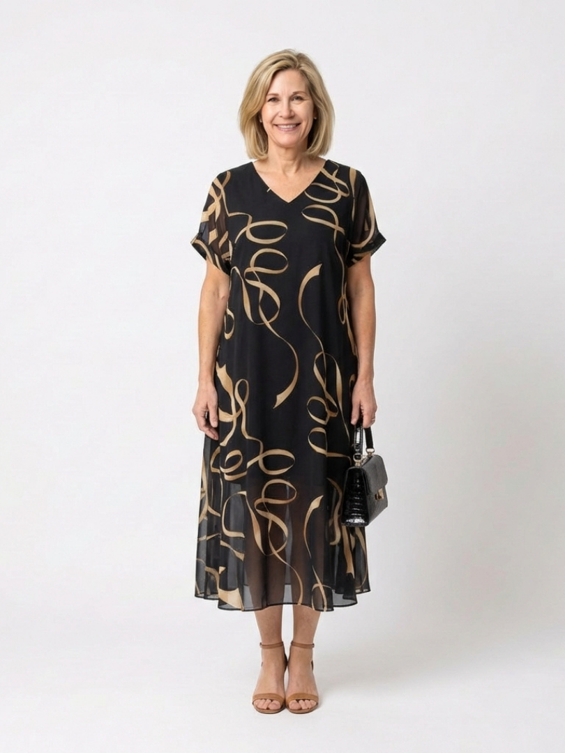 Marisa | V Neck Short Sleeve Midi Dress Abstract Print