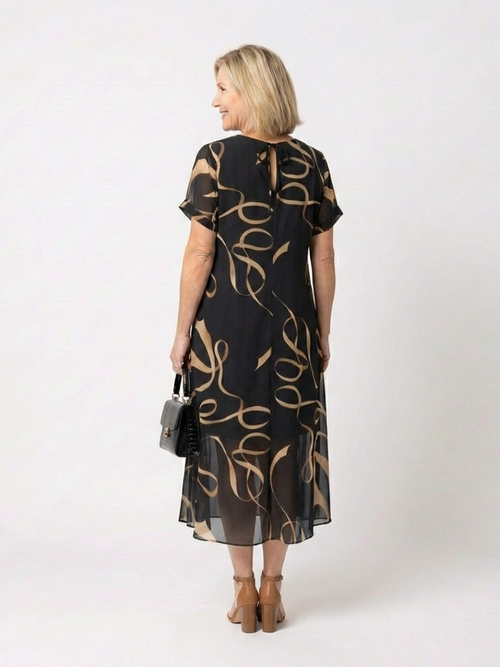 Marisa | V Neck Short Sleeve Midi Dress Abstract Print