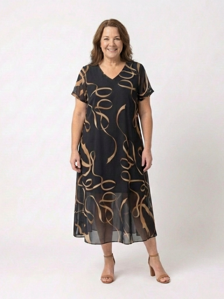 Marisa | V Neck Short Sleeve Midi Dress Abstract Print