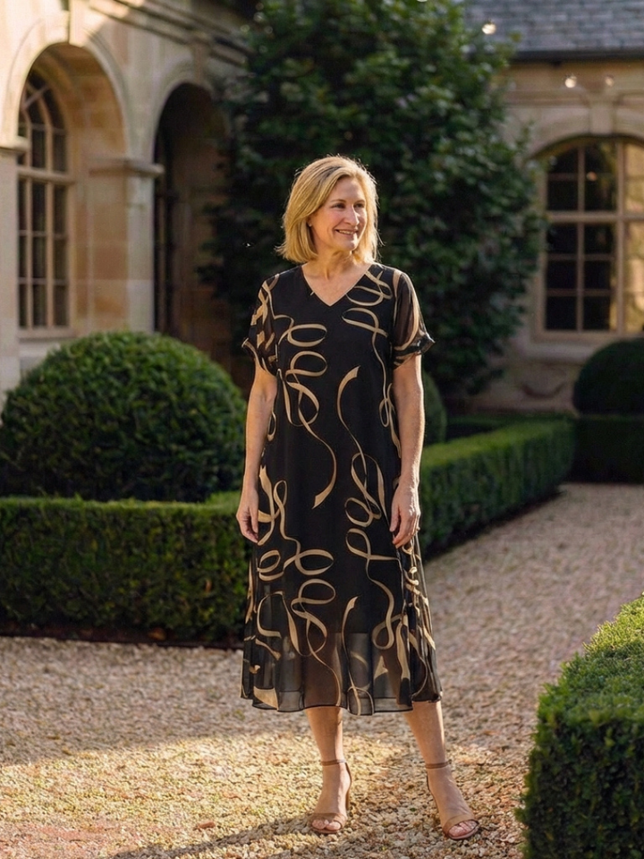 Marisa | V Neck Short Sleeve Midi Dress Abstract Print