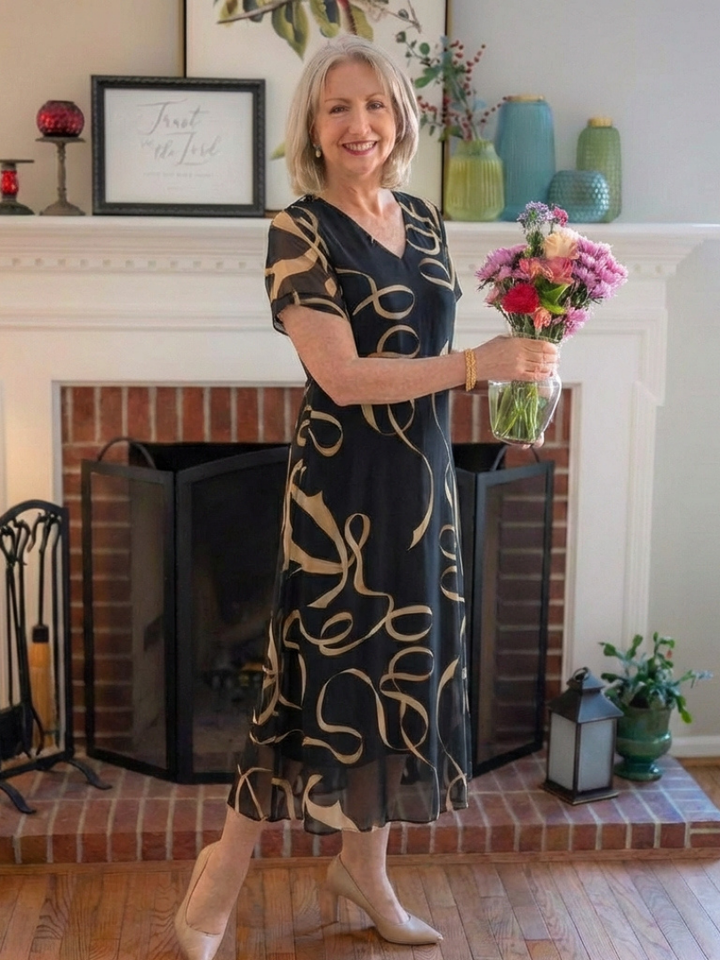 Marisa | V Neck Short Sleeve Midi Dress Abstract Print