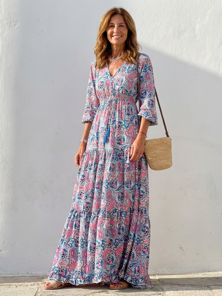 Isabella | Long Sleeve V Neck Bohemian Maxi Dress